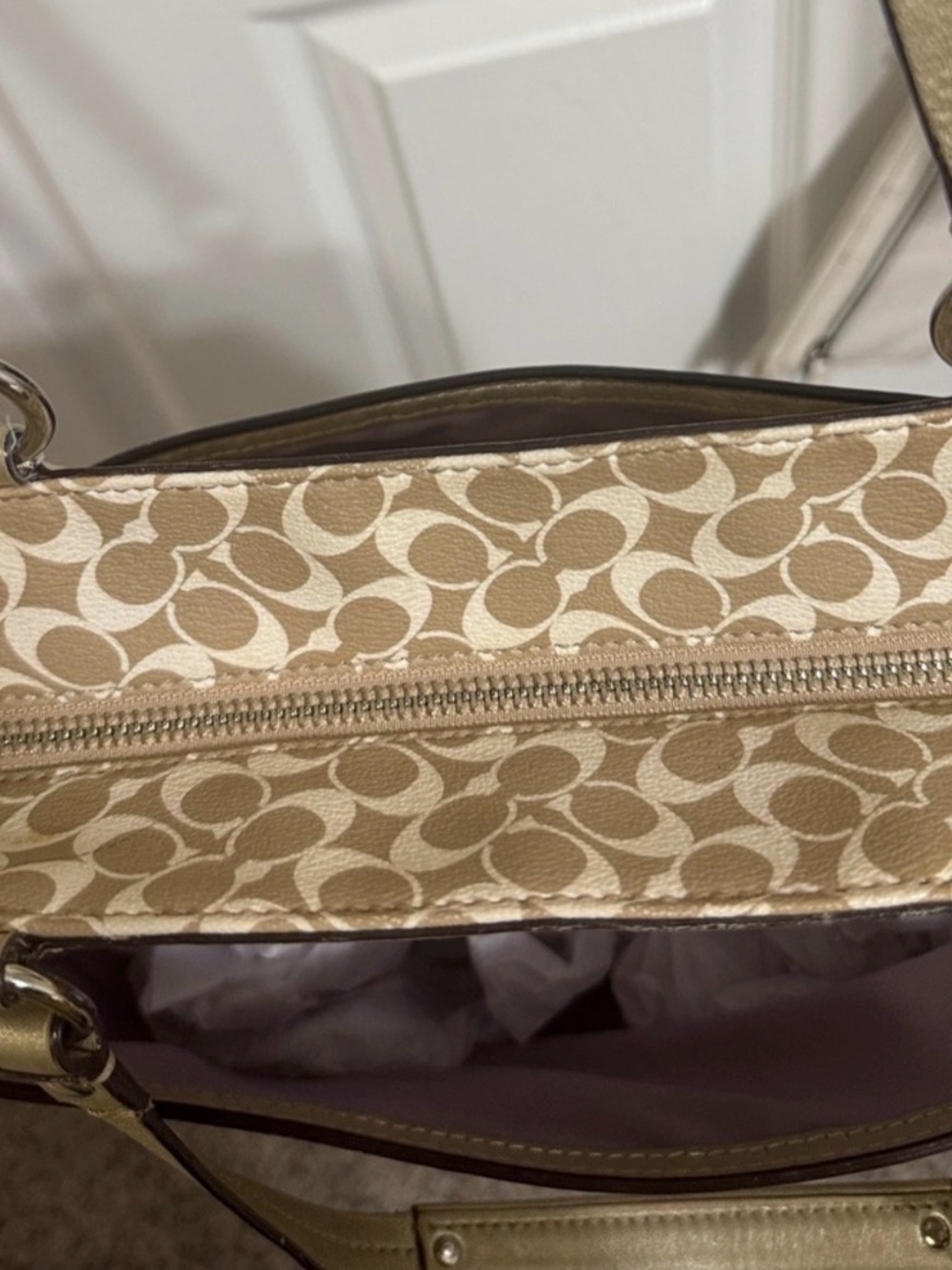 Vintage Coach Signature Stripe Tote Bag Gold Khaki + Matching Leather Wristlet - Picture 9 of 15
